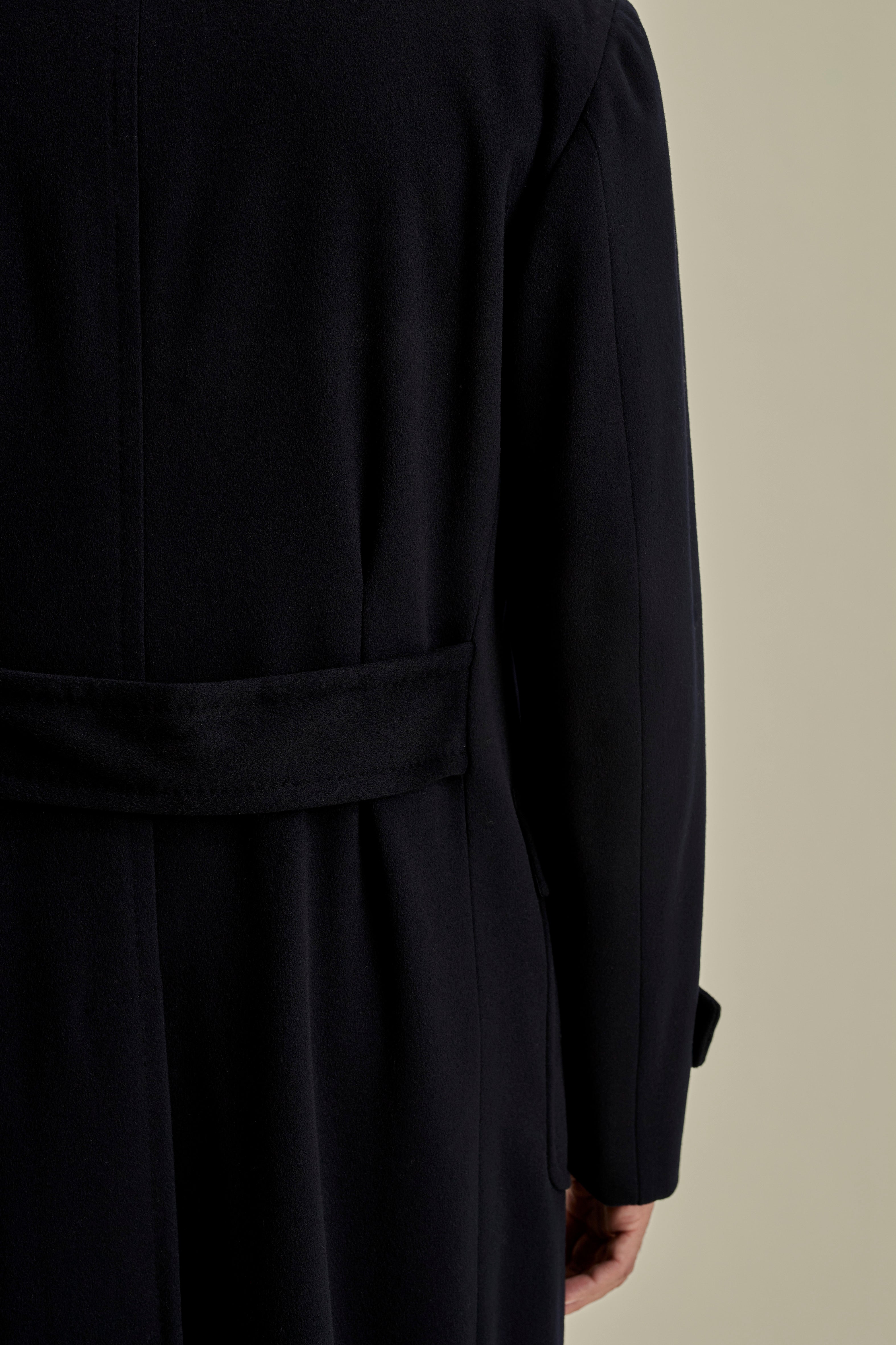 Wool Cashmere Double Breasted Overcoat Navy Model Cropped Back Image