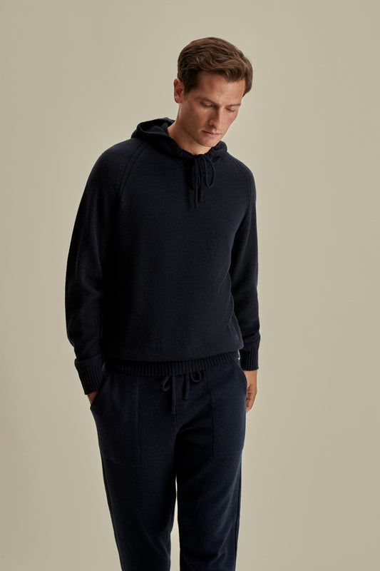 Cashmere Pullover Hoodie Navy Model Cropped Image