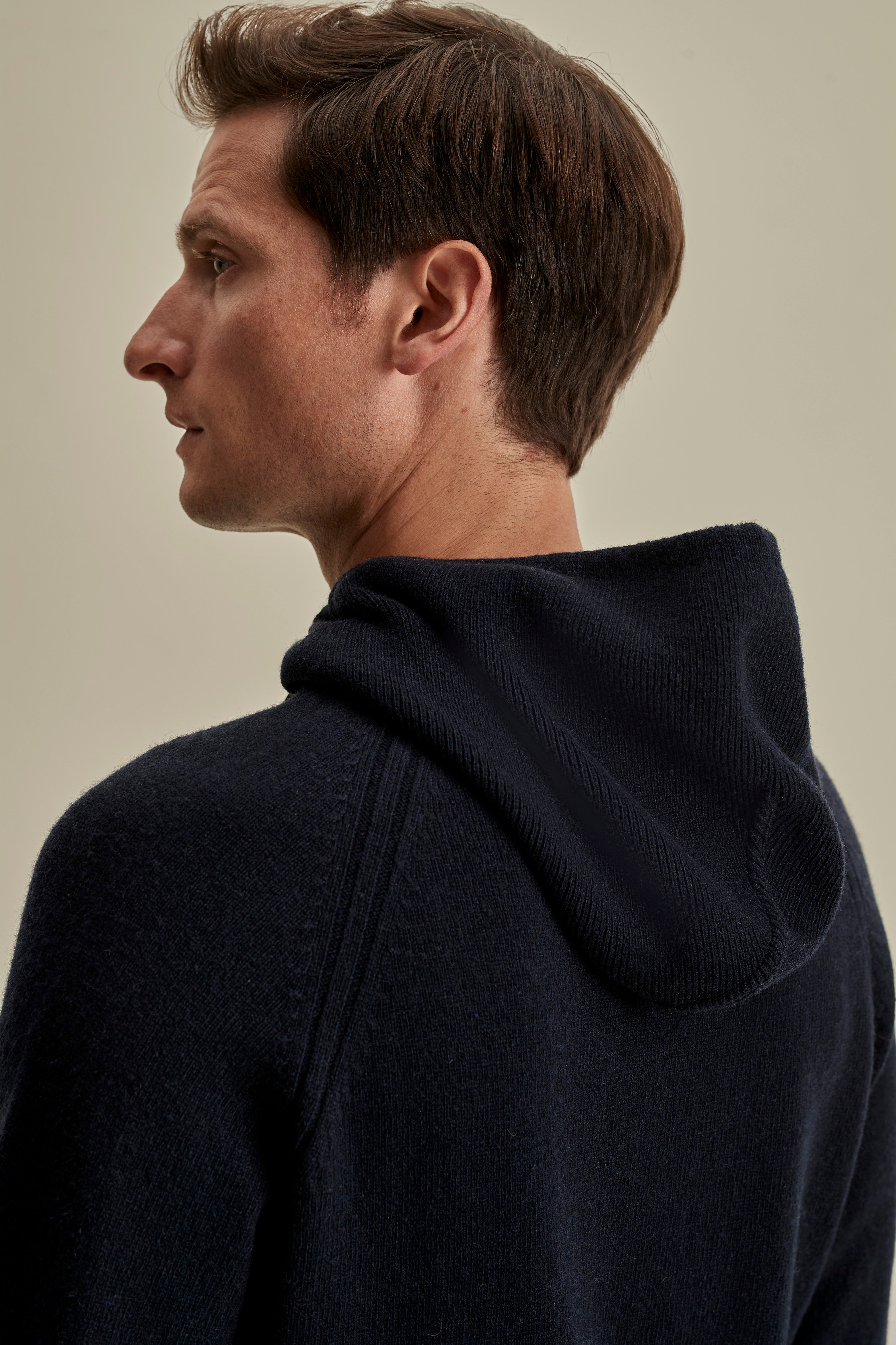 Cashmere Pullover Hoodie Navy Model Hood Image