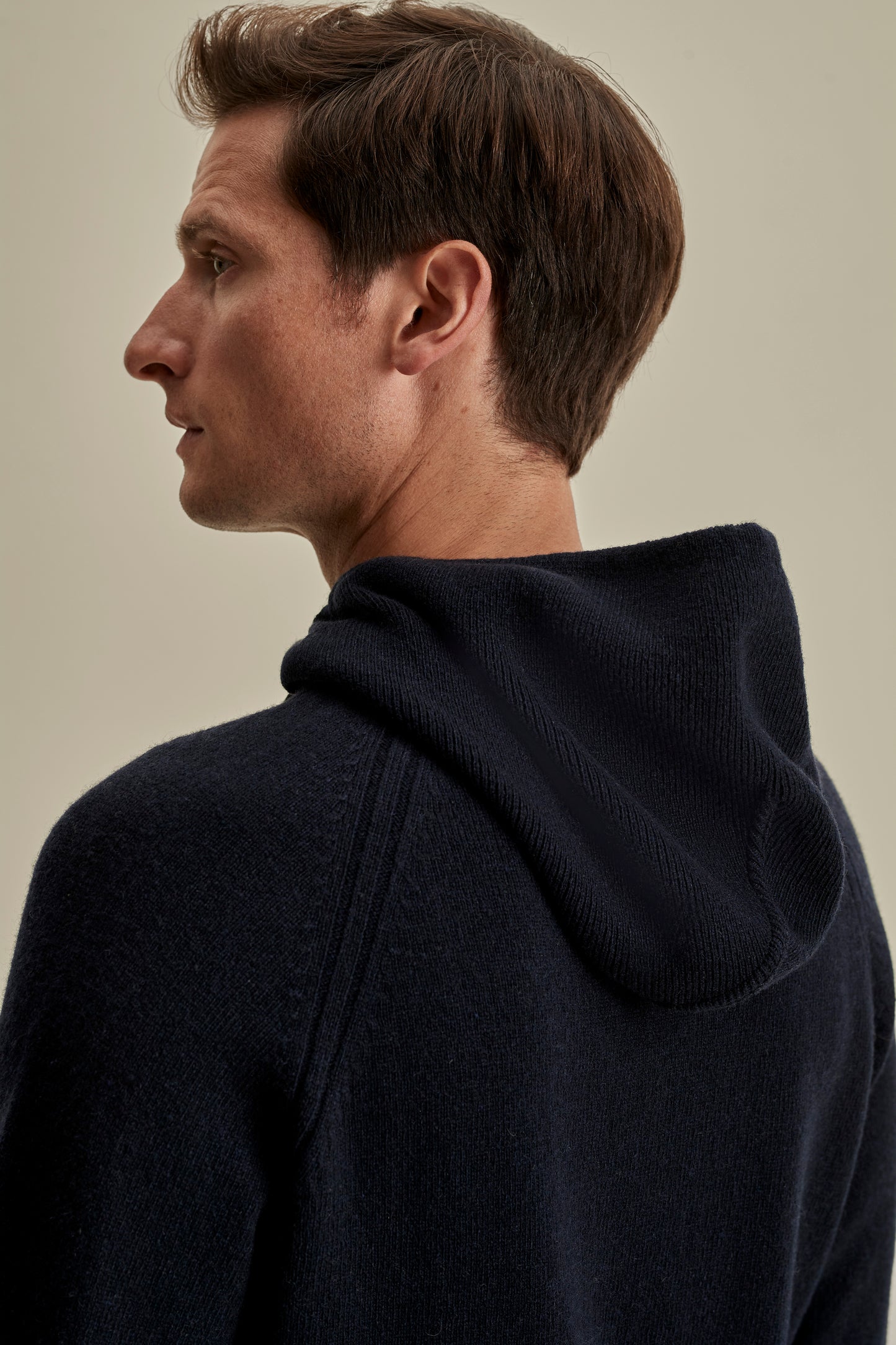 Cashmere Pullover Hoodie Navy Model Hood Image