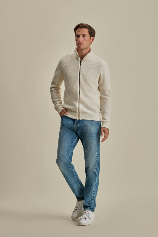 Felted Wool Cashmere Zip-Through Sweater White Model Image