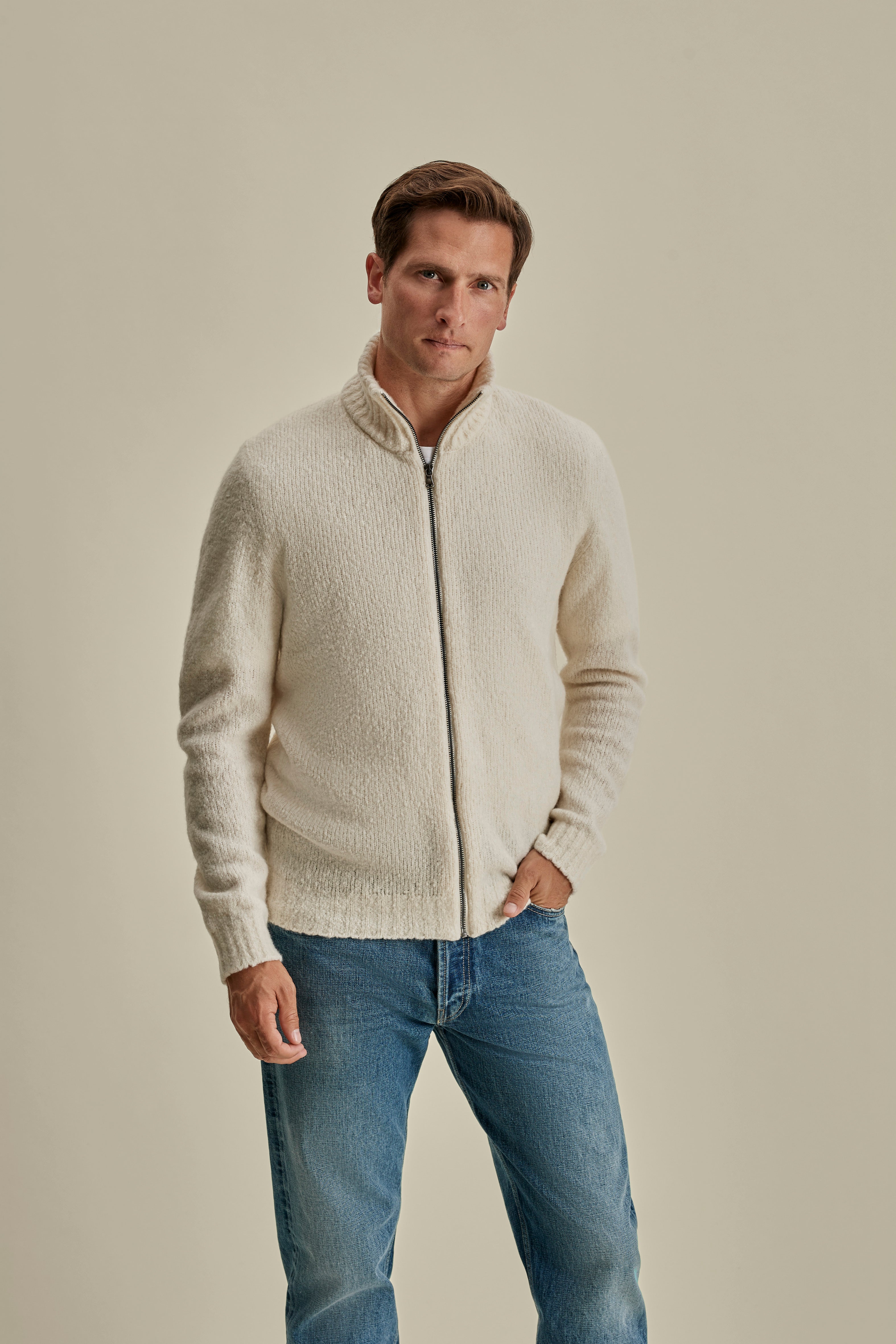 Felted Wool Cashmere Zip-Through Sweater White Model Cropped Image