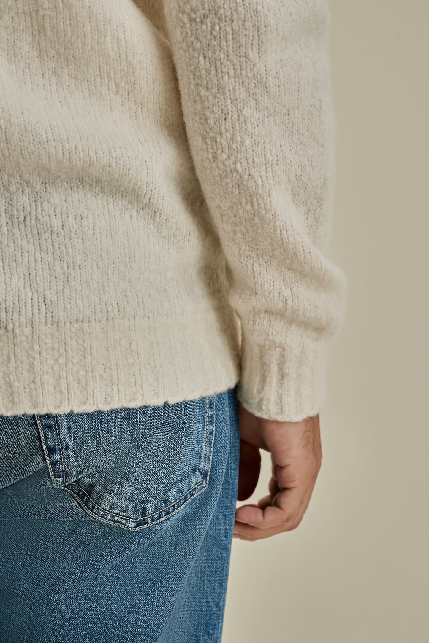 Felted Wool Cashmere Zip-Through Sweater White Model Sleeve Image