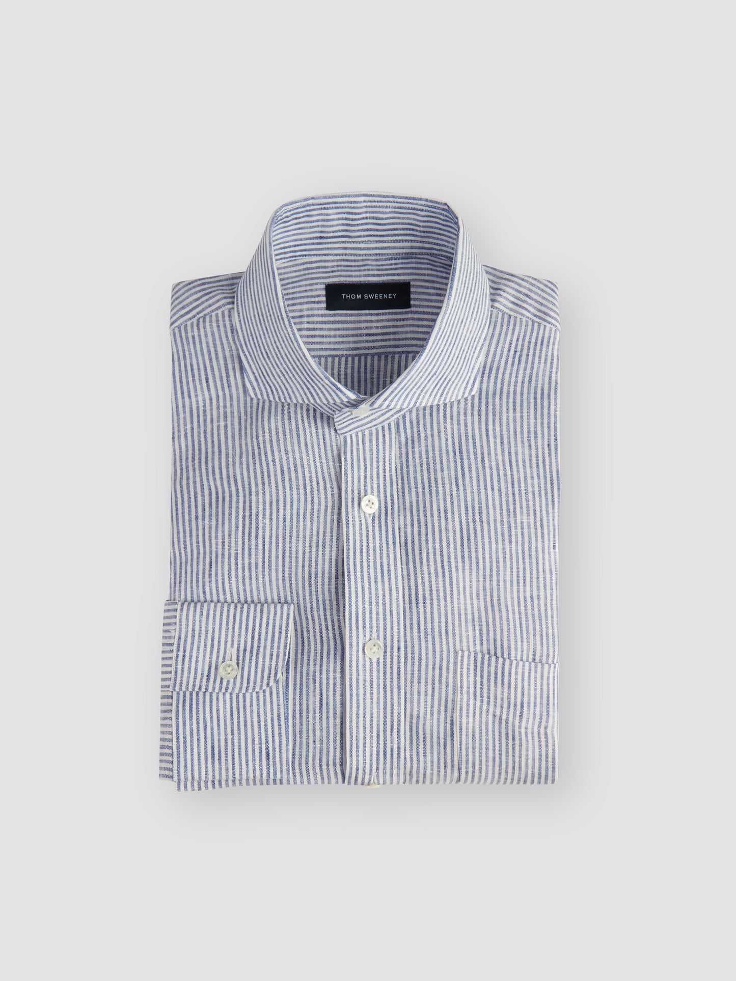 Striped Cutaway Collar Linen Shirt Navy Stripe Product Folded