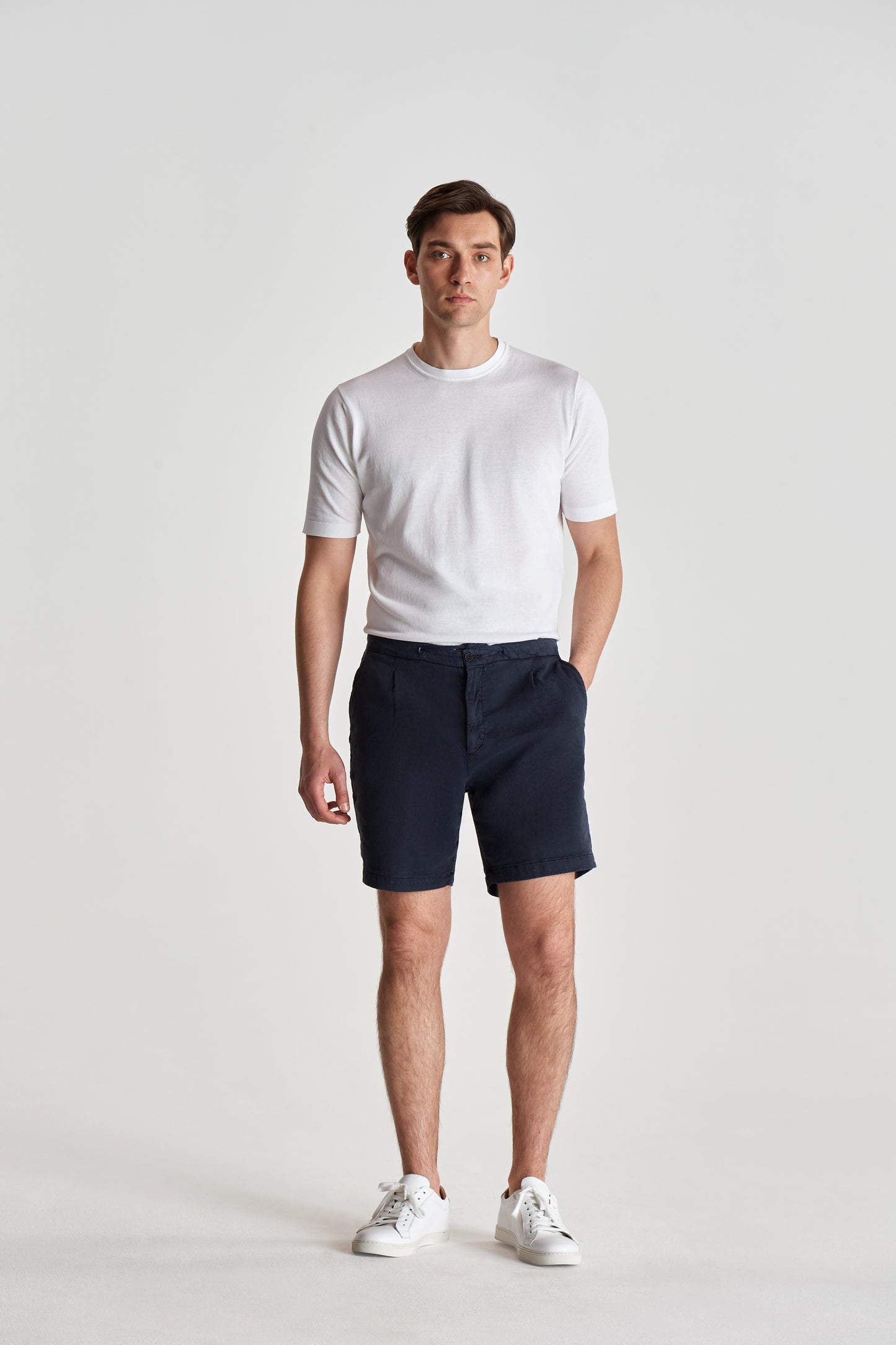Linen Jersey Pleated Shorts Navy Full Length Model Image