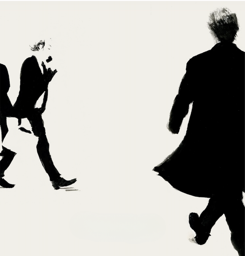 Illustration of silhouettes of people walking on a white background