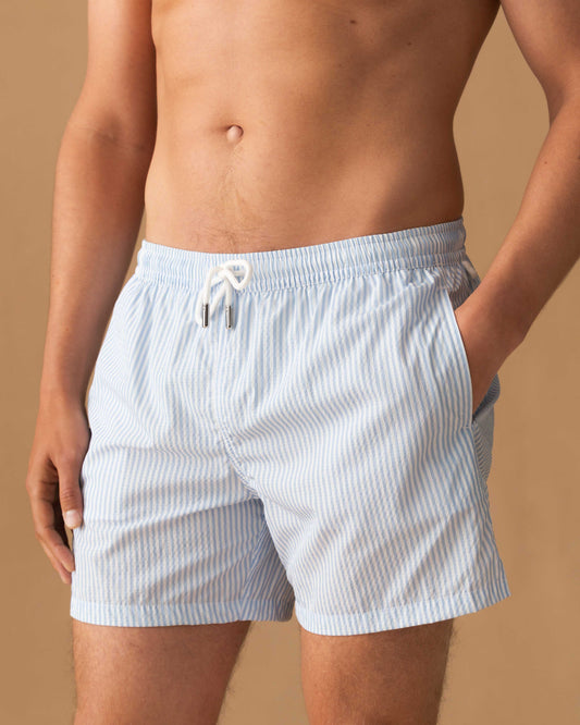 Nylon Mid Length Swim Shorts Navy Stripe Cropped Model Image