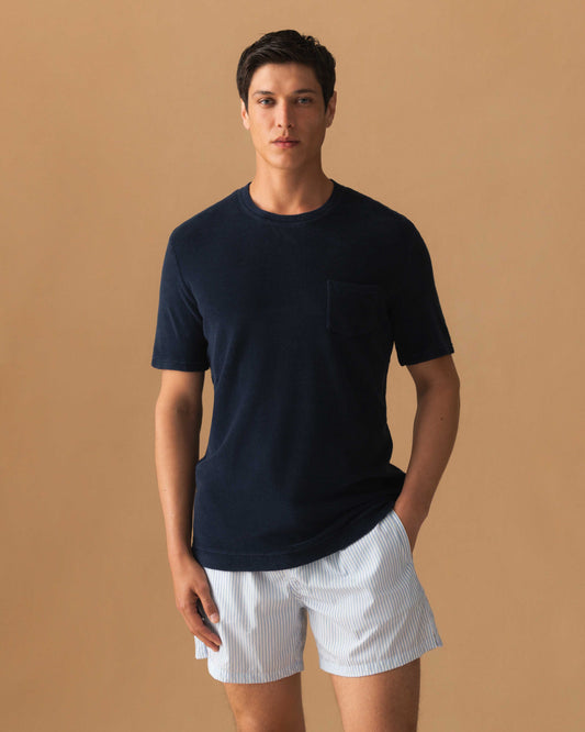 Terry Cotton Pocket T-Shirt Navy Cropped Model Image