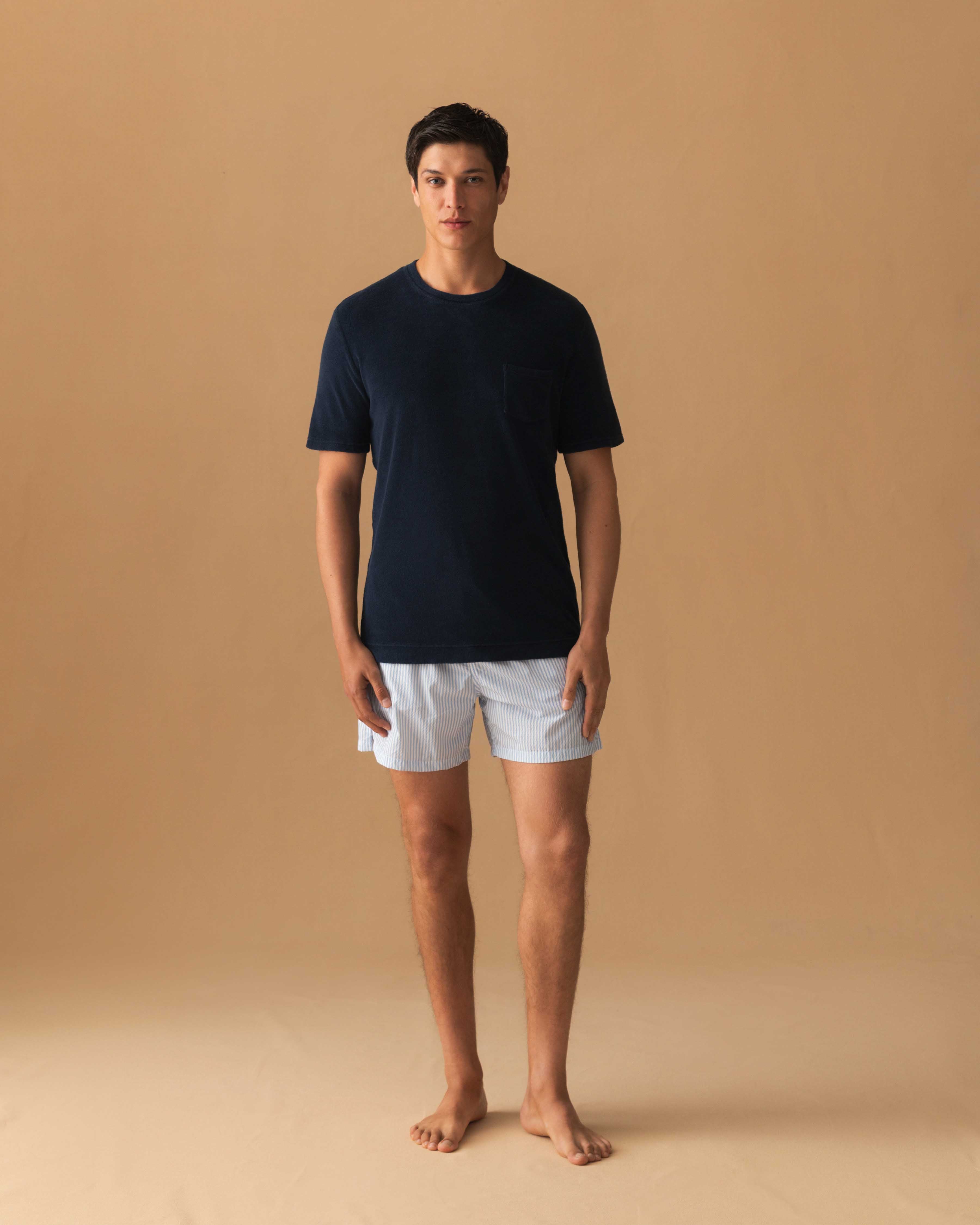 Terry Cotton Pocket T-Shirt Navy Model Image