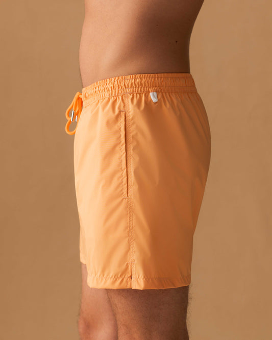 Nylon Mid Length Swim Shorts Orange Model Side Image