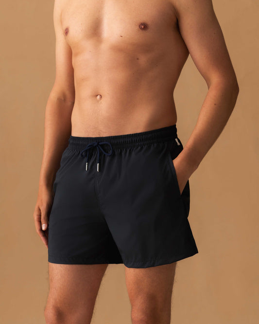 Nylon Mid Length Swim Shorts Navy Model Cropped Image