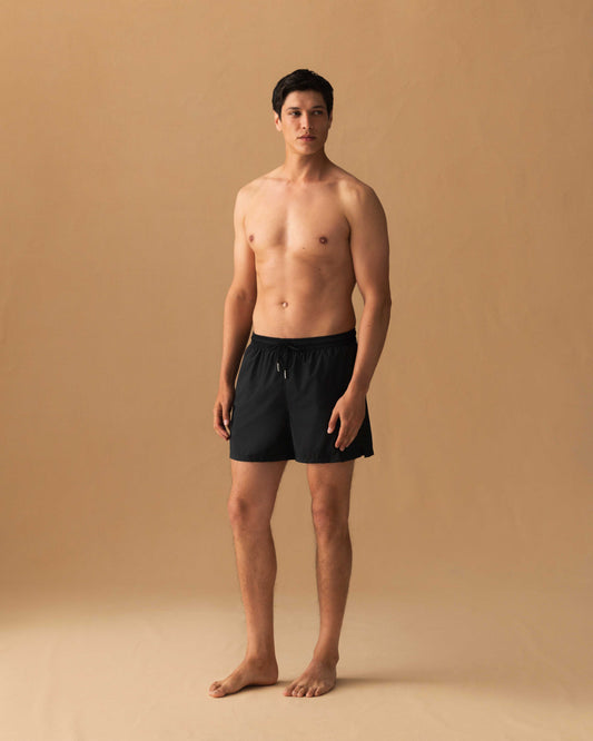 Black Nylon Mid Length Swim Shorts Model Image