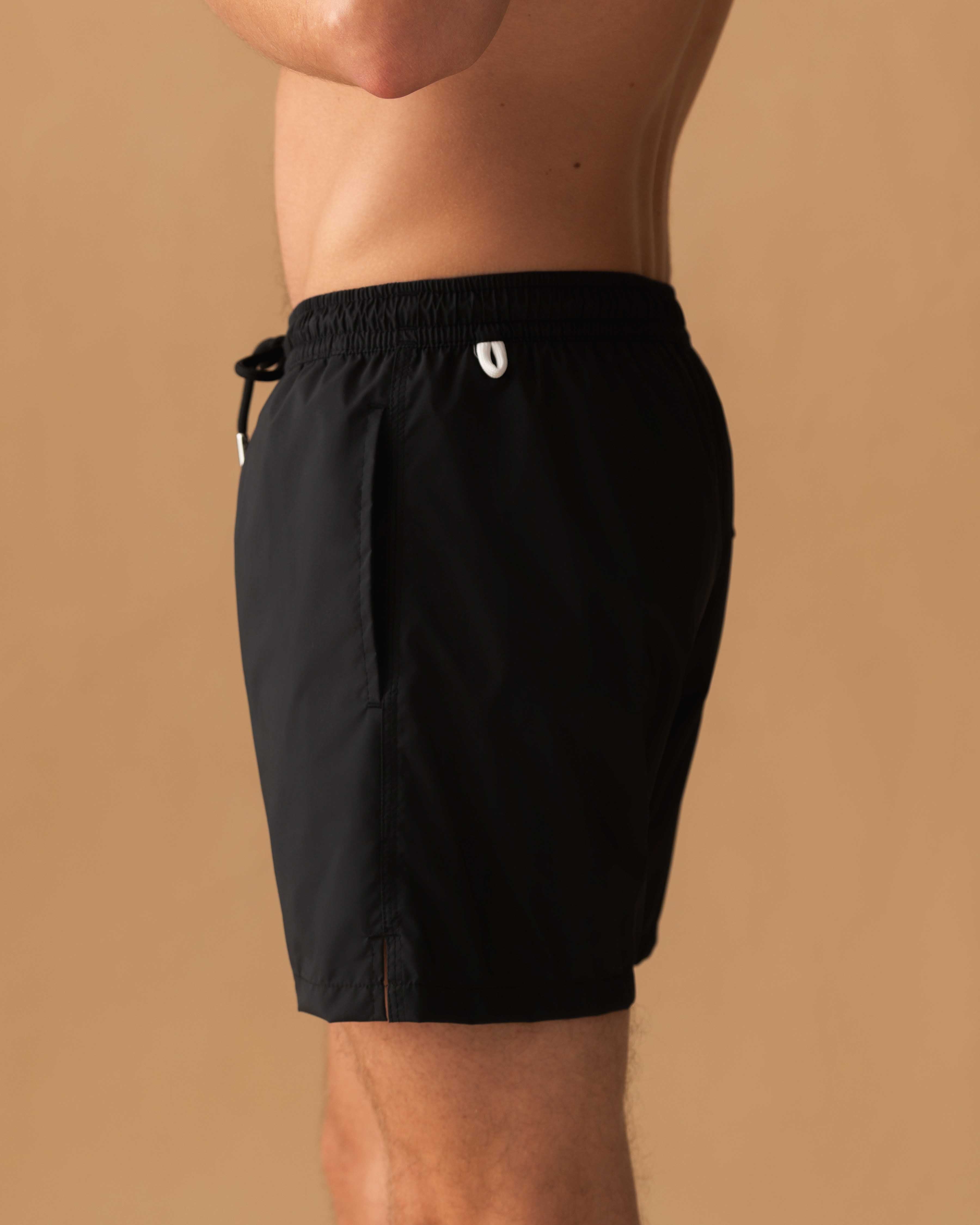 Black Nylon Mid Length Swim Shorts Model Side Image