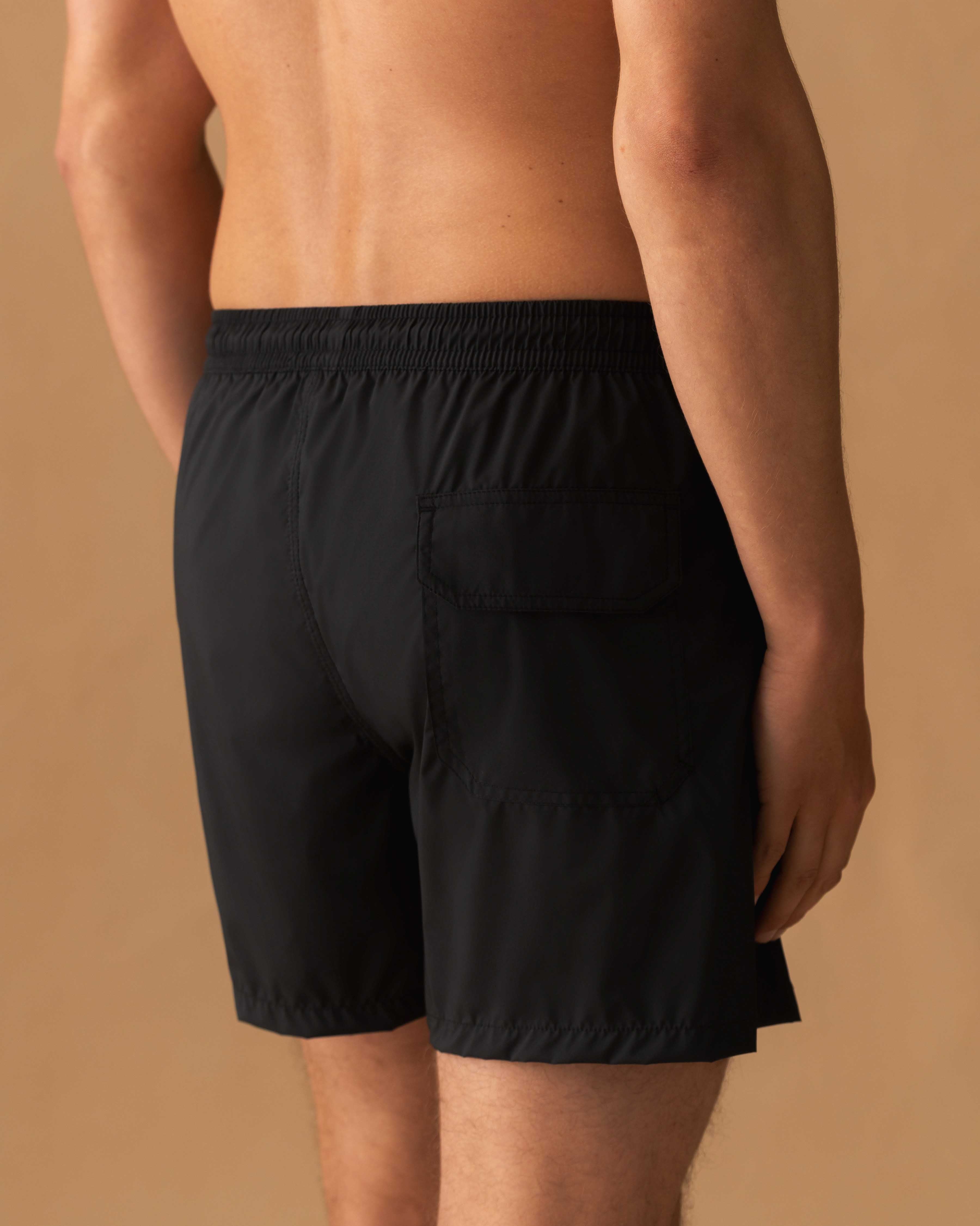 Black Nylon Mid Length Swim Shorts Model Back Image