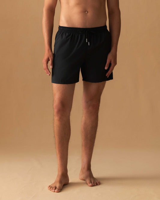 Black Nylon Mid Length Swim Shorts Model Cropped Image