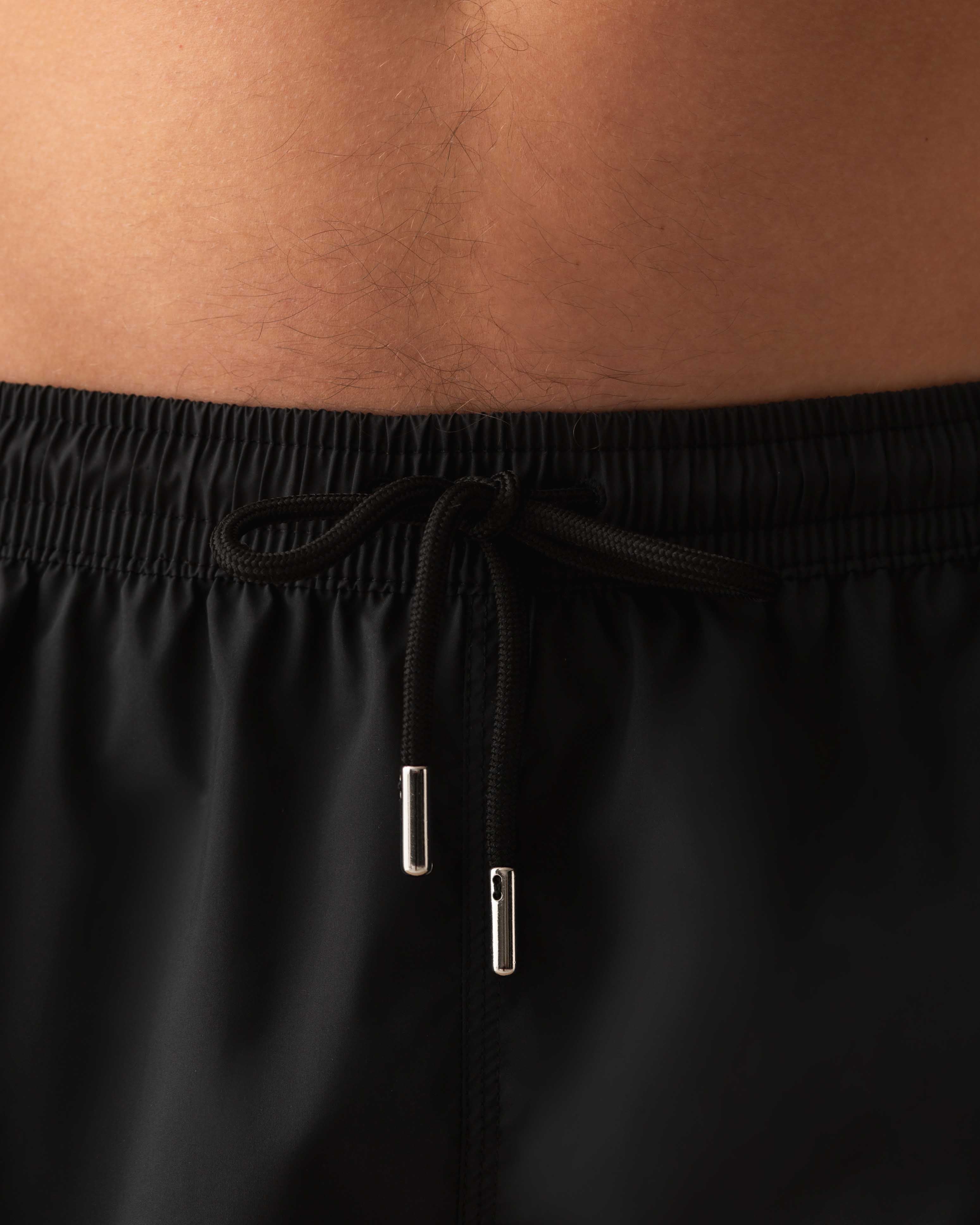 Black Nylon Mid Length Swim Shorts Model Waist Image