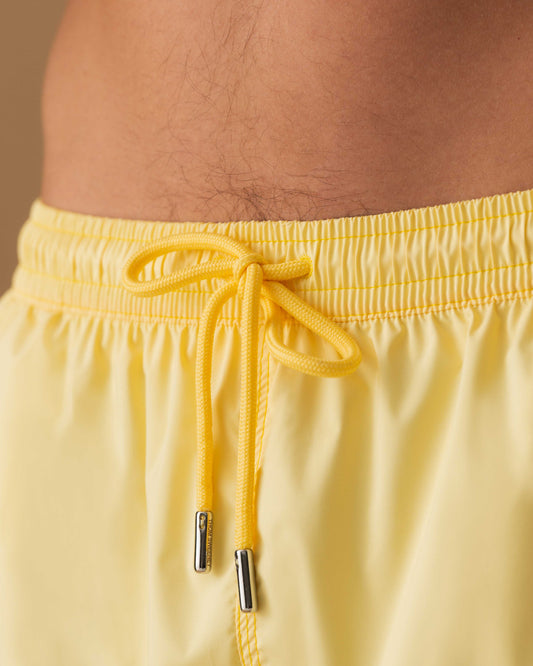 Nylon Mid Length Swim Shorts Yellow Drawstring Model Image