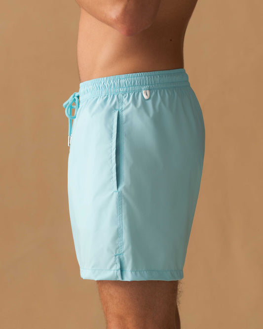 Nylon Mid Length Swim Shorts Blue Model Side Image