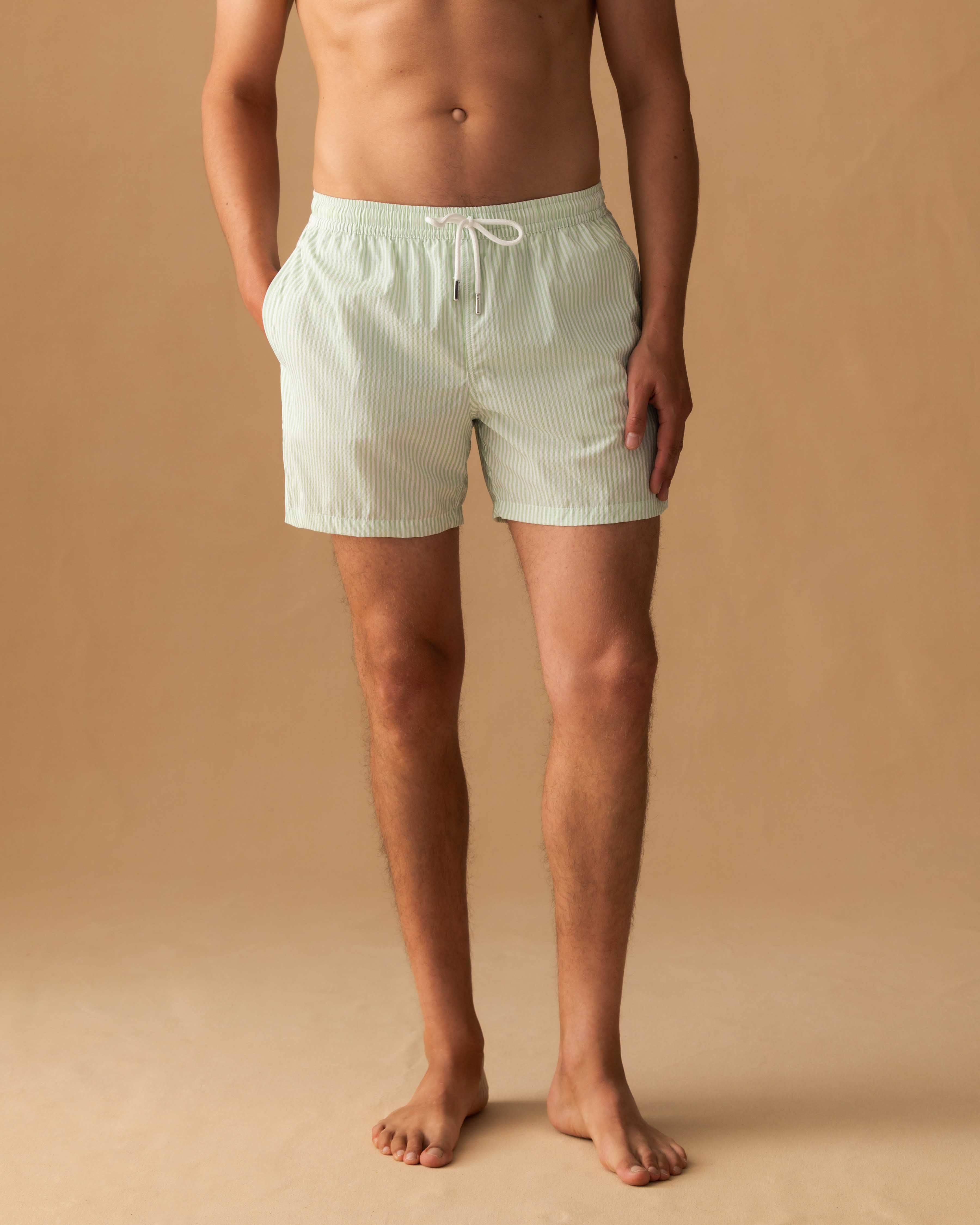 Nylon Mid Length Swim Shorts Green Stripe Cropped Model Image
