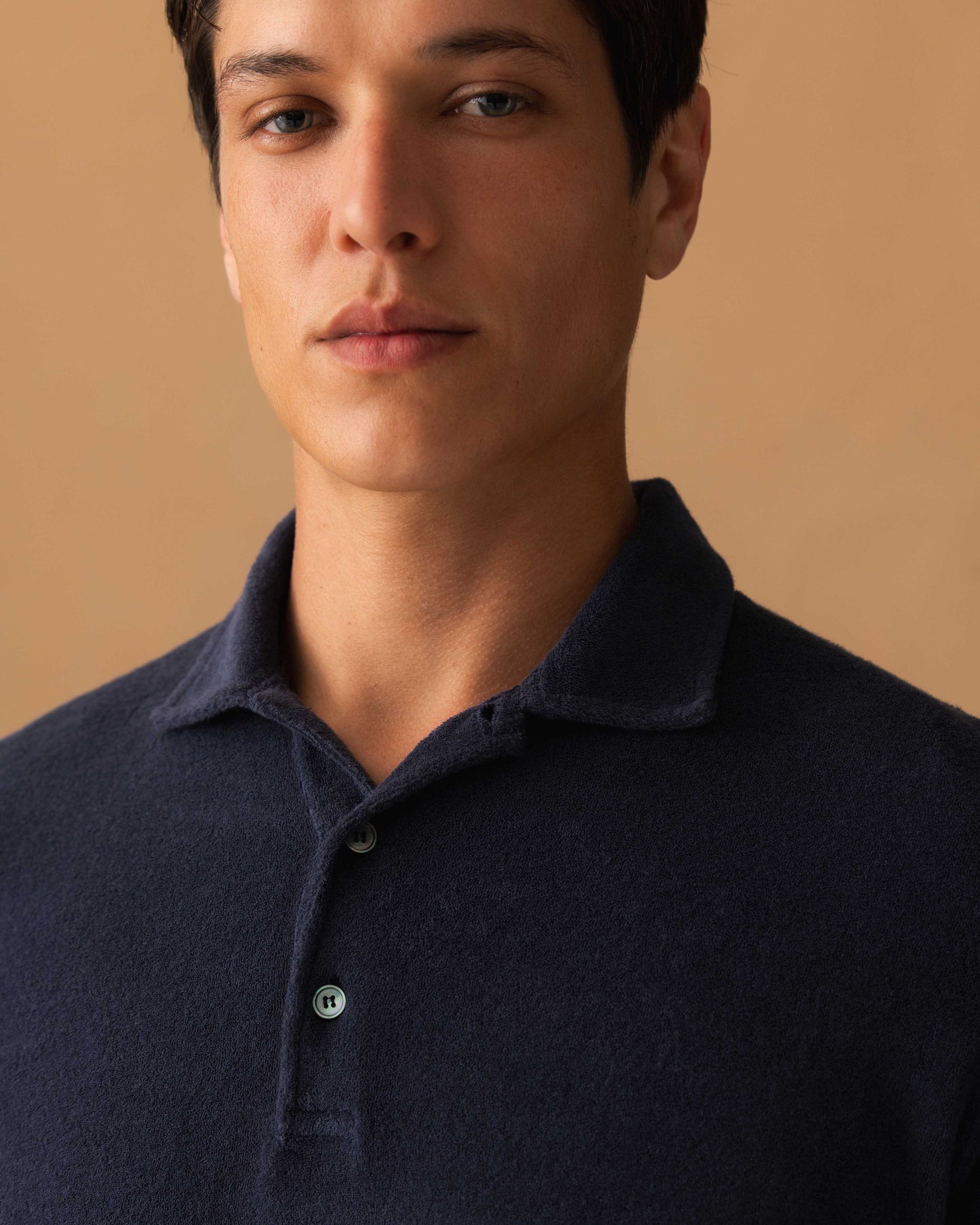 Terry Cotton Polo Shirt Navy Model Collar Image