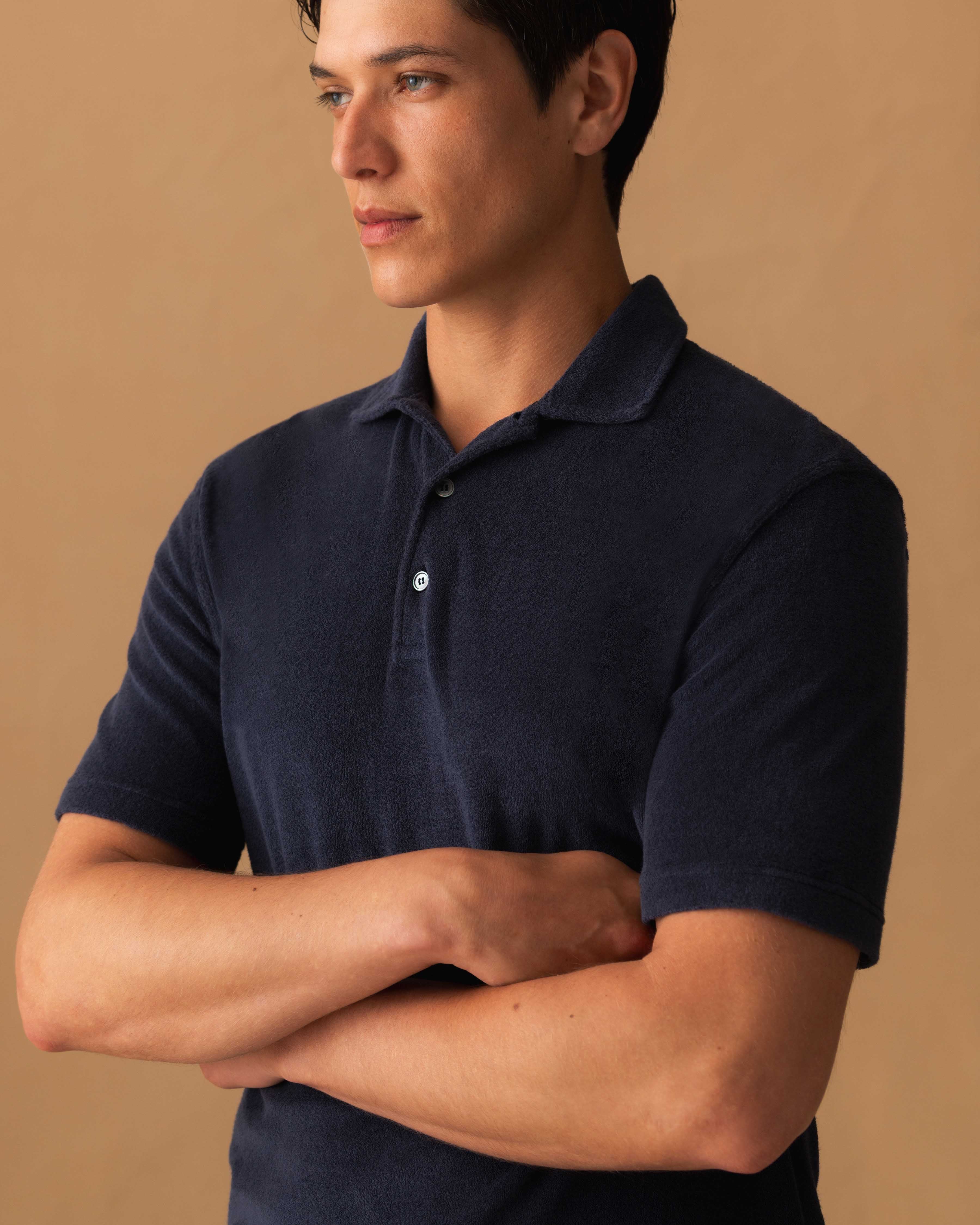 Terry Cotton Polo Shirt Navy Model Cropped Image