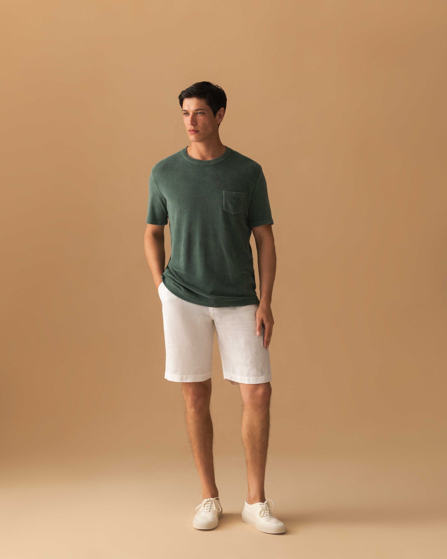 Terry Cotton Pocket T-Shirt Sage Model Image