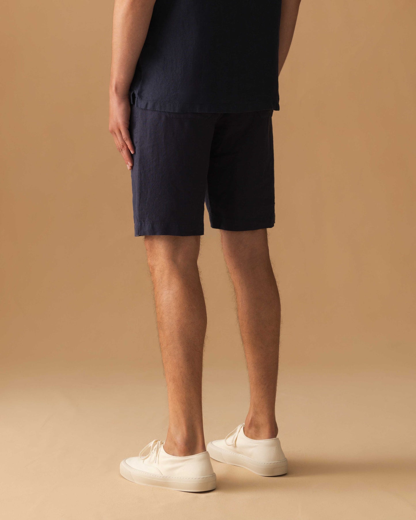 Linen Drawstring Shorts Navy Model Back Image