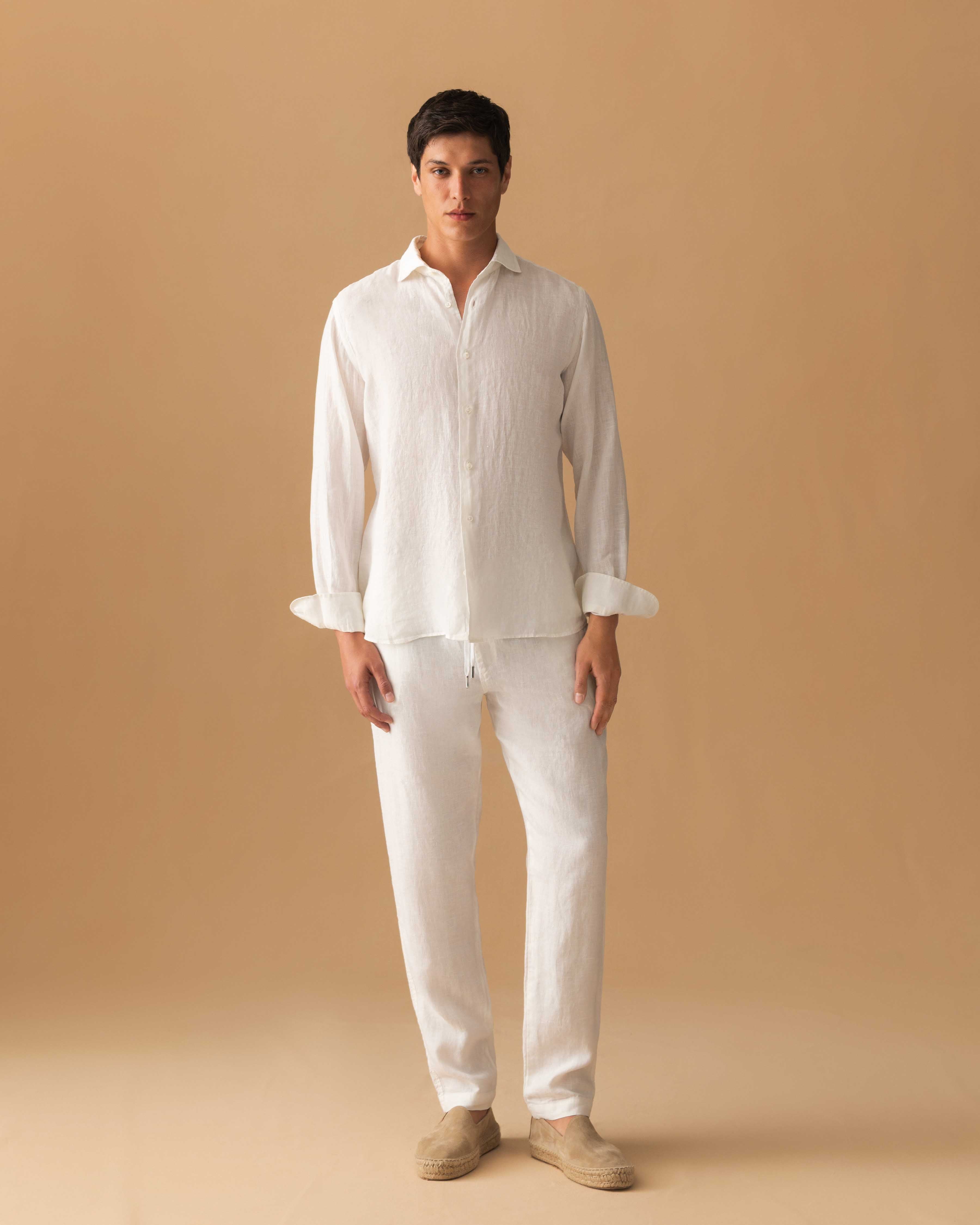 Linen Drawstring Trousers White Model Image