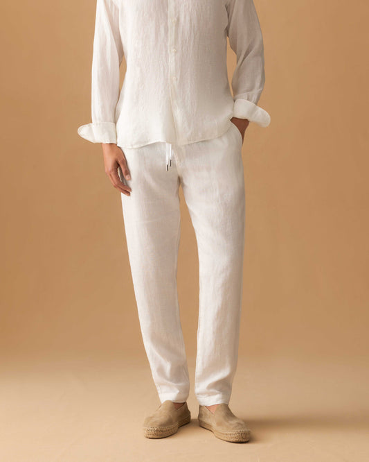 Linen Drawstring Trousers White Model Cropped Image
