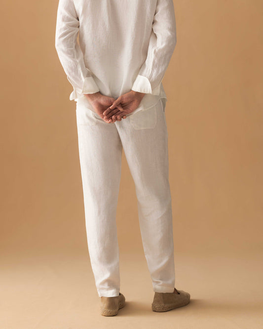 Linen Drawstring Trousers White Model Back Image