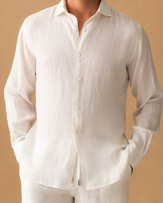Linen Cutaway Collar Shirt White Model Cropped Image
