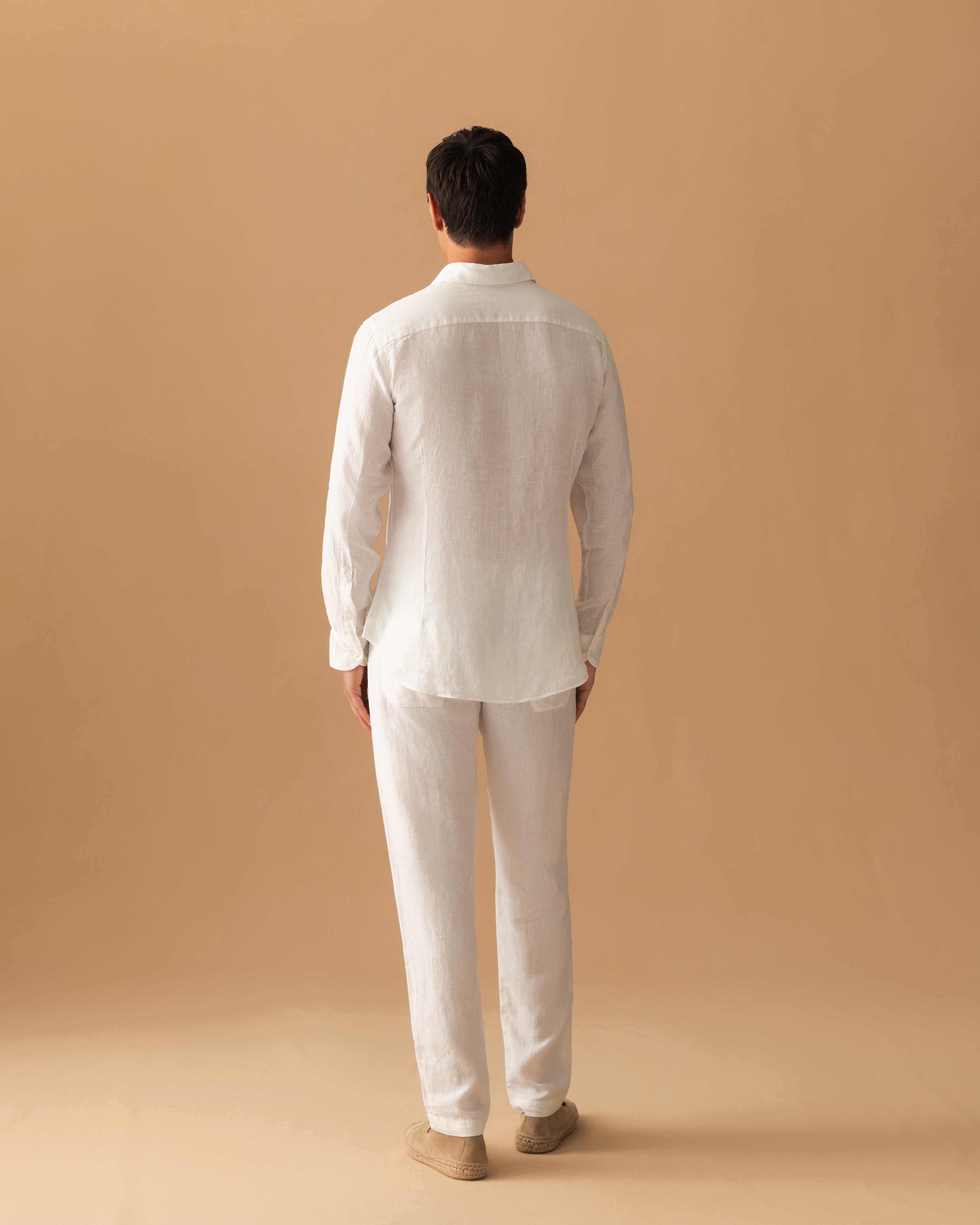 Linen Cutaway Collar Shirt White Model Back Image