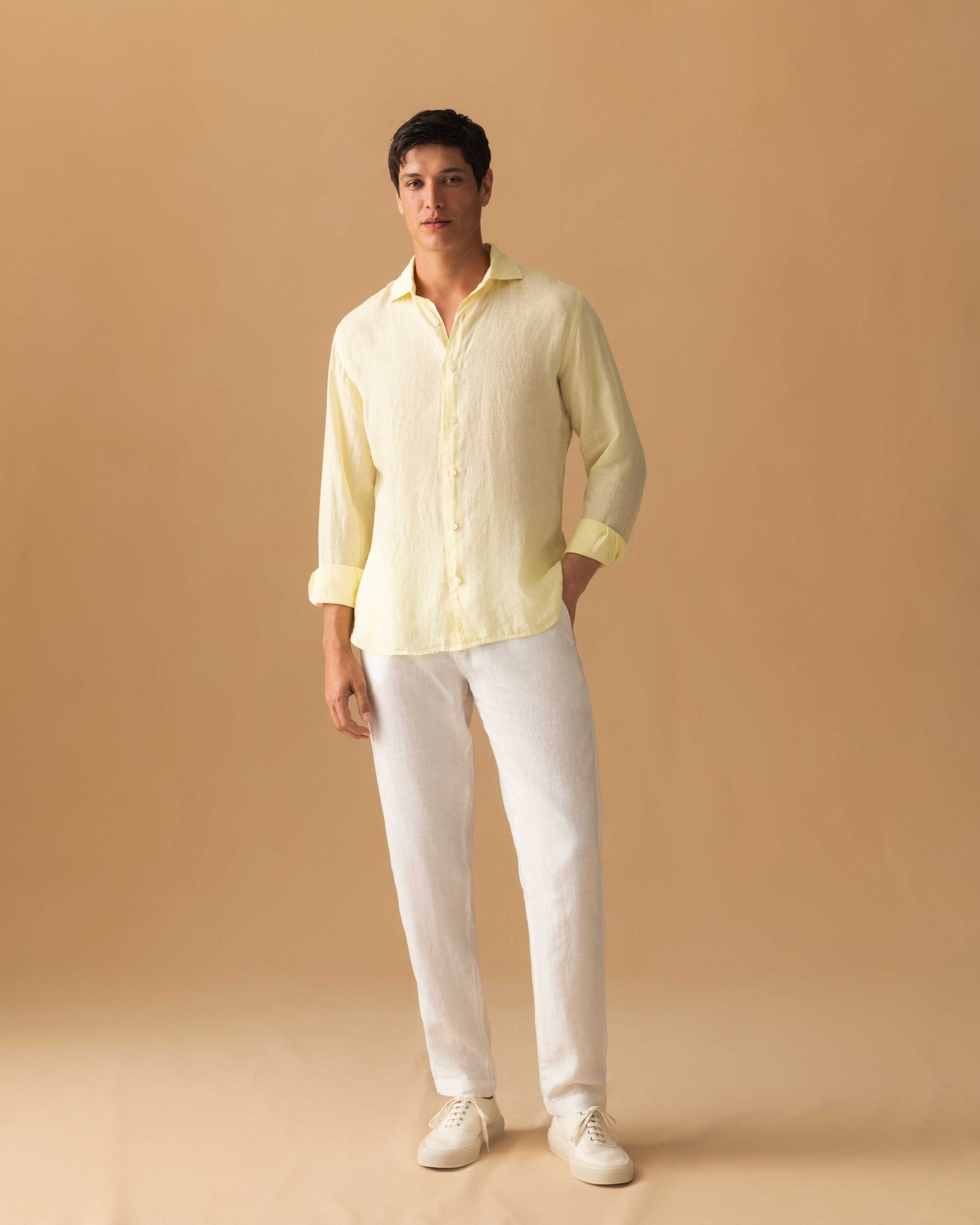Linen Cutaway Collar Shirt Yellow Model Image