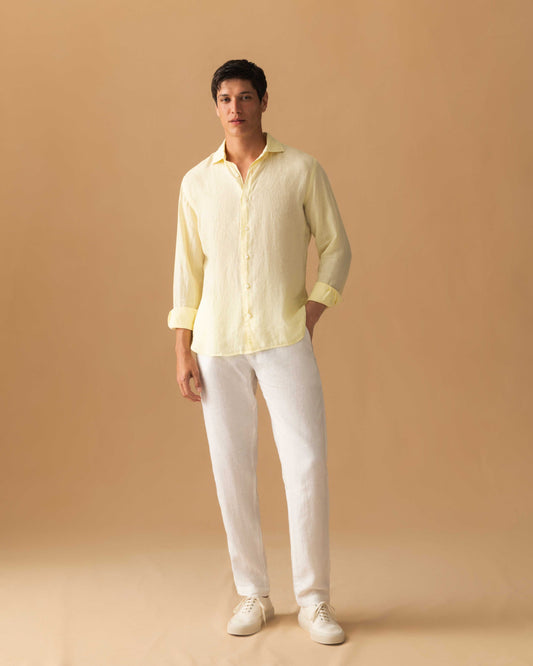 Linen Cutaway Collar Shirt Yellow Model Image
