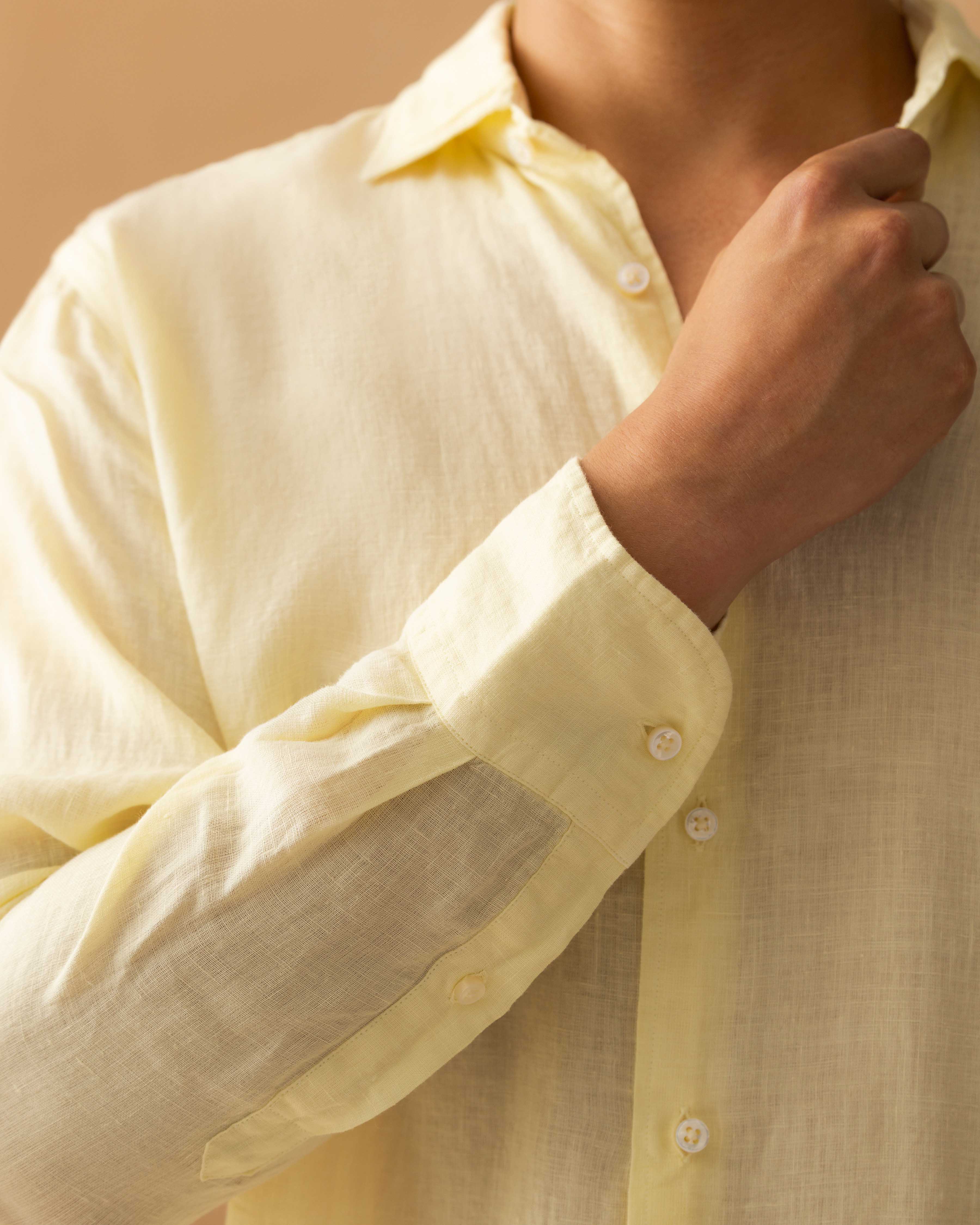 Linen Cutaway Collar Shirt Yellow Model Sleeve Image
