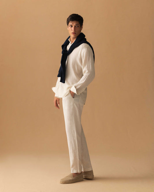 Linen Drawstring Trousers Beige Model Back Image