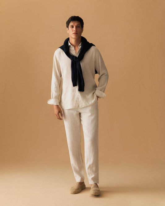 Linen Drawstring Trousers Beige Model Image