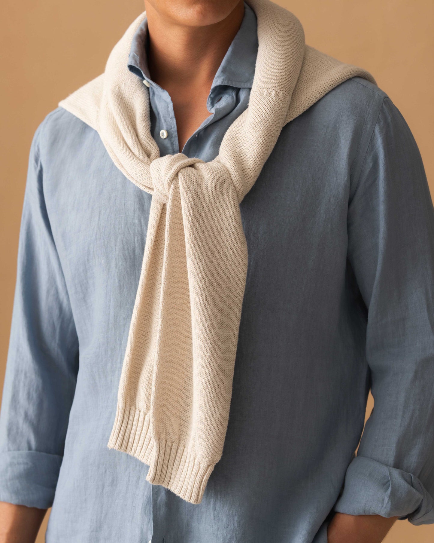 Linen Cutaway Collar Shirt Denim Model Cropped Image