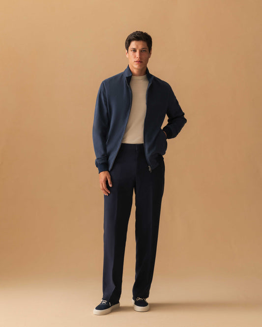 Linen Zip-Through Mock Collar Bomber Jacket Navy Model Image
