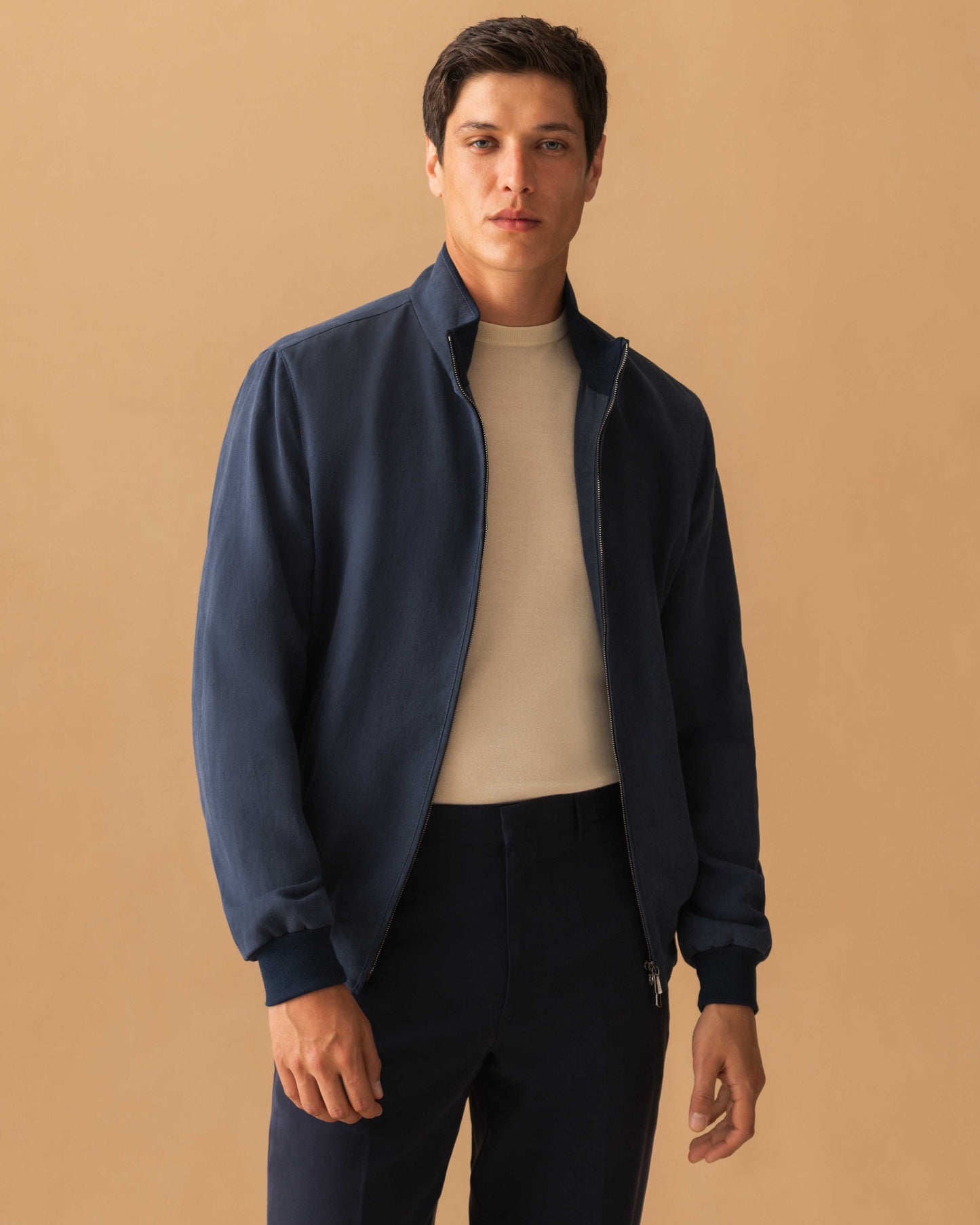 Linen Zip-Through Mock Collar Bomber Jacket Navy Model Cropped Image