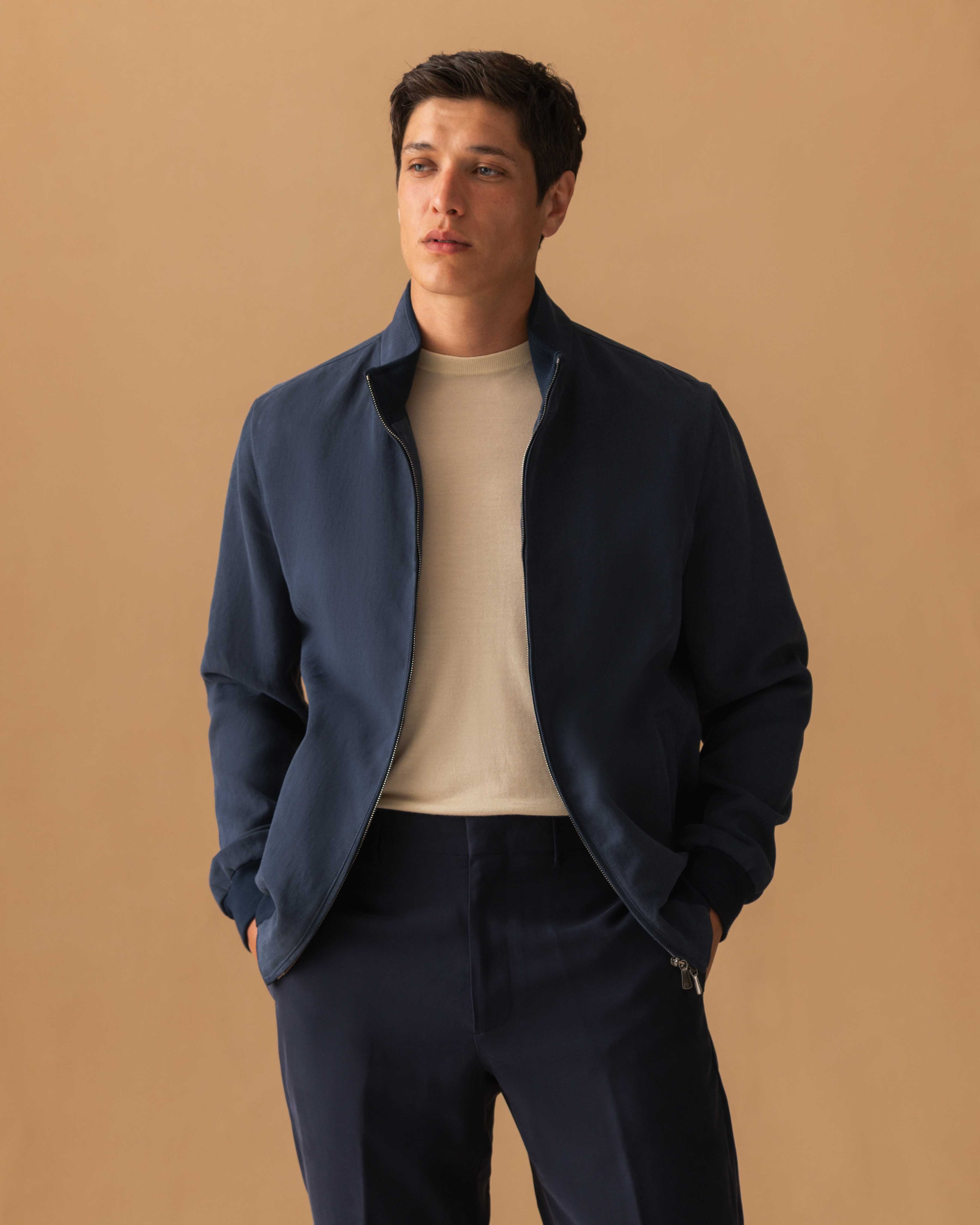 Linen Zip-Through Mock Collar Bomber Jacket Navy Model Cropped Image