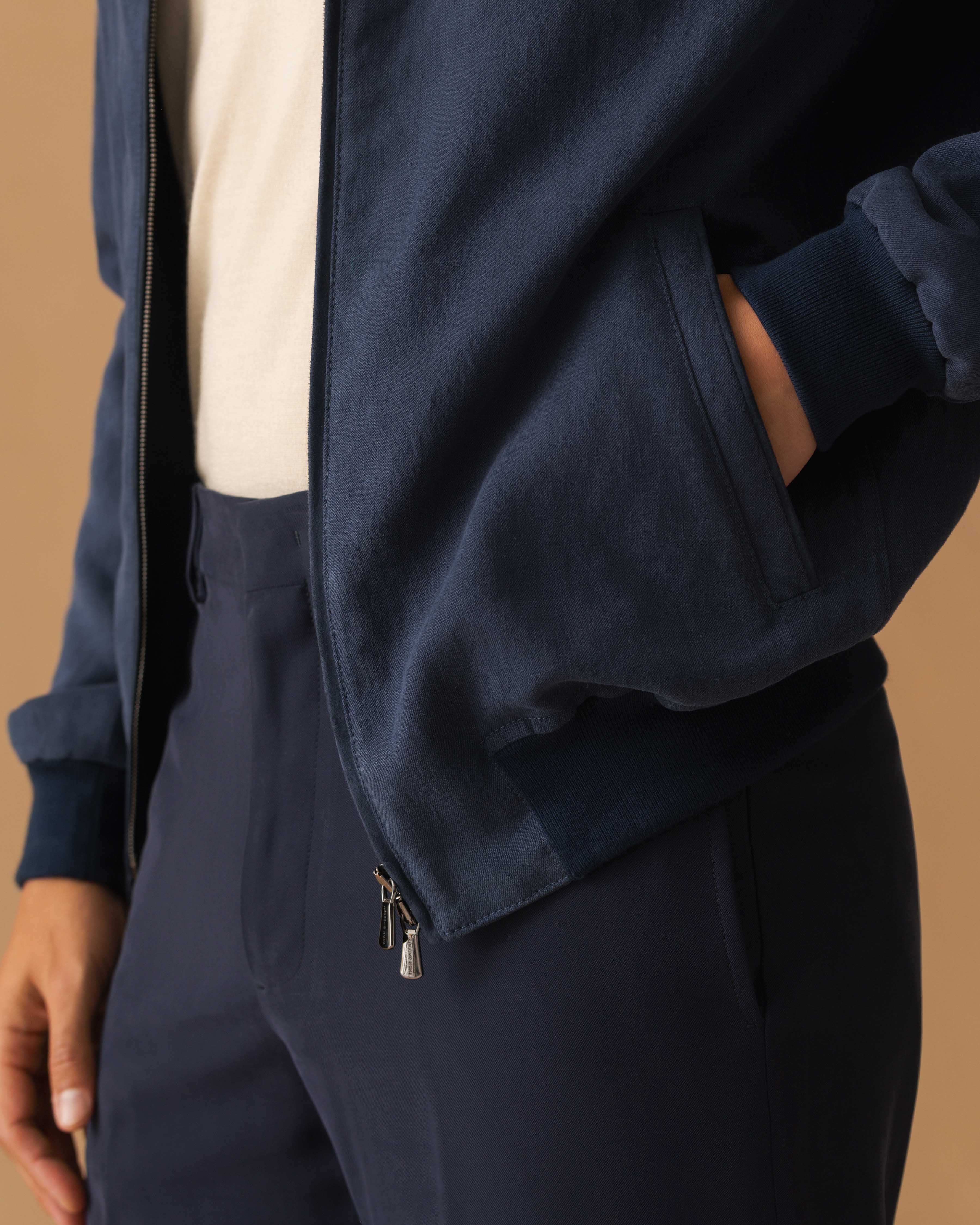 Linen Zip-Through Mock Collar Bomber Jacket Navy Model Pocket Image