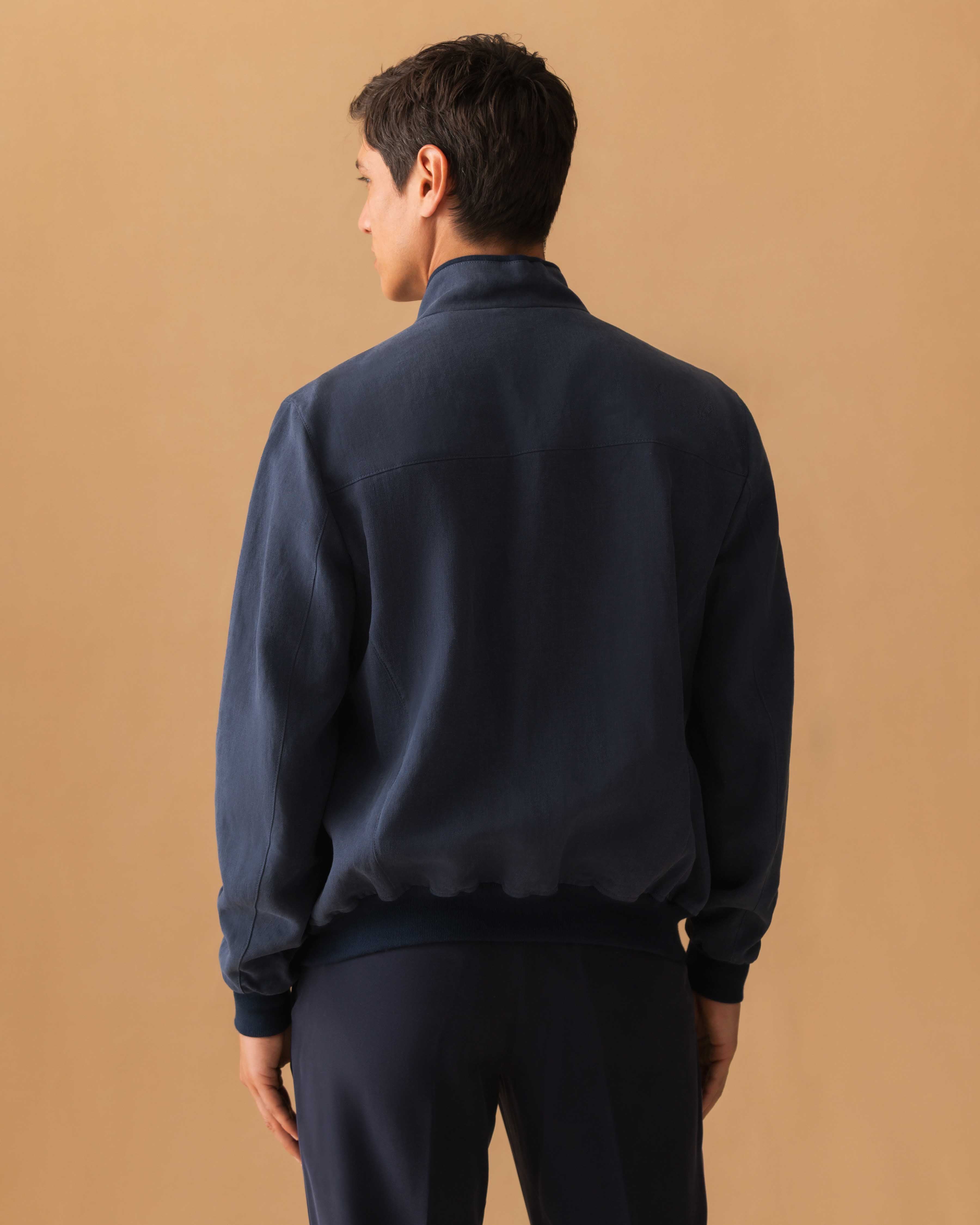 Linen Zip-Through Mock Collar Bomber Jacket Navy Model Back Image