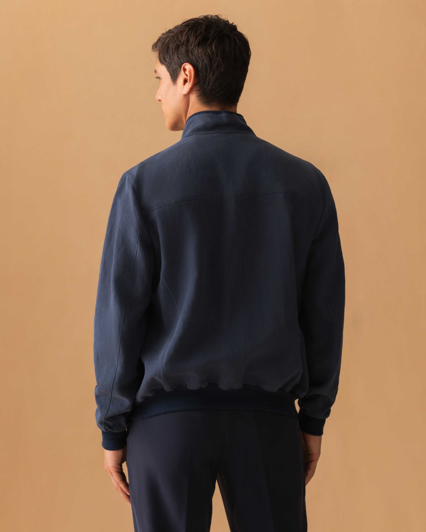 Linen Zip-Through Mock Collar Bomber Jacket Navy Model Back Image
