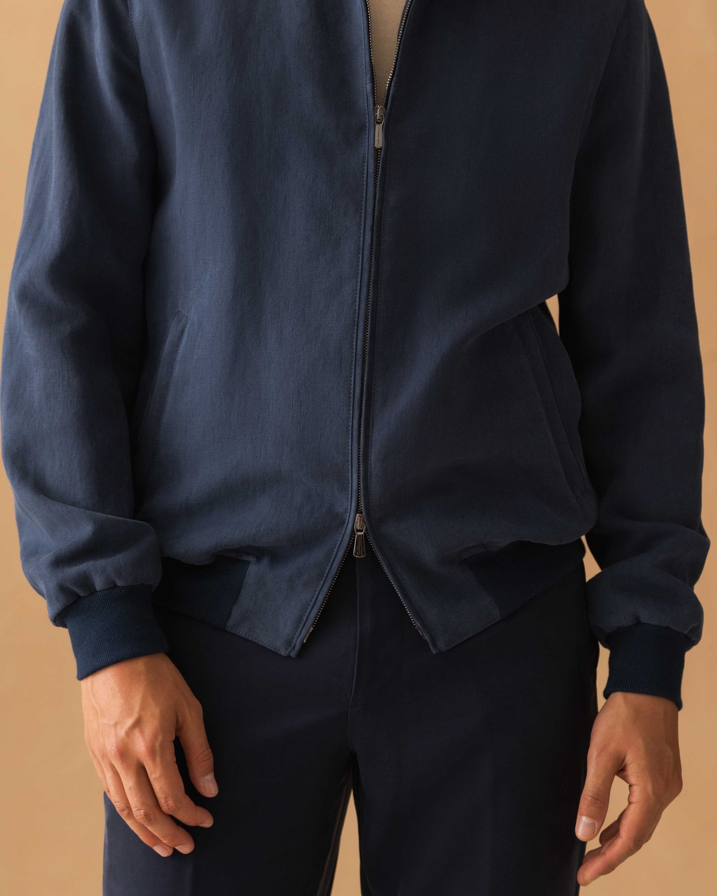 Linen Zip-Through Mock Collar Bomber Jacket Navy Model Zip Image