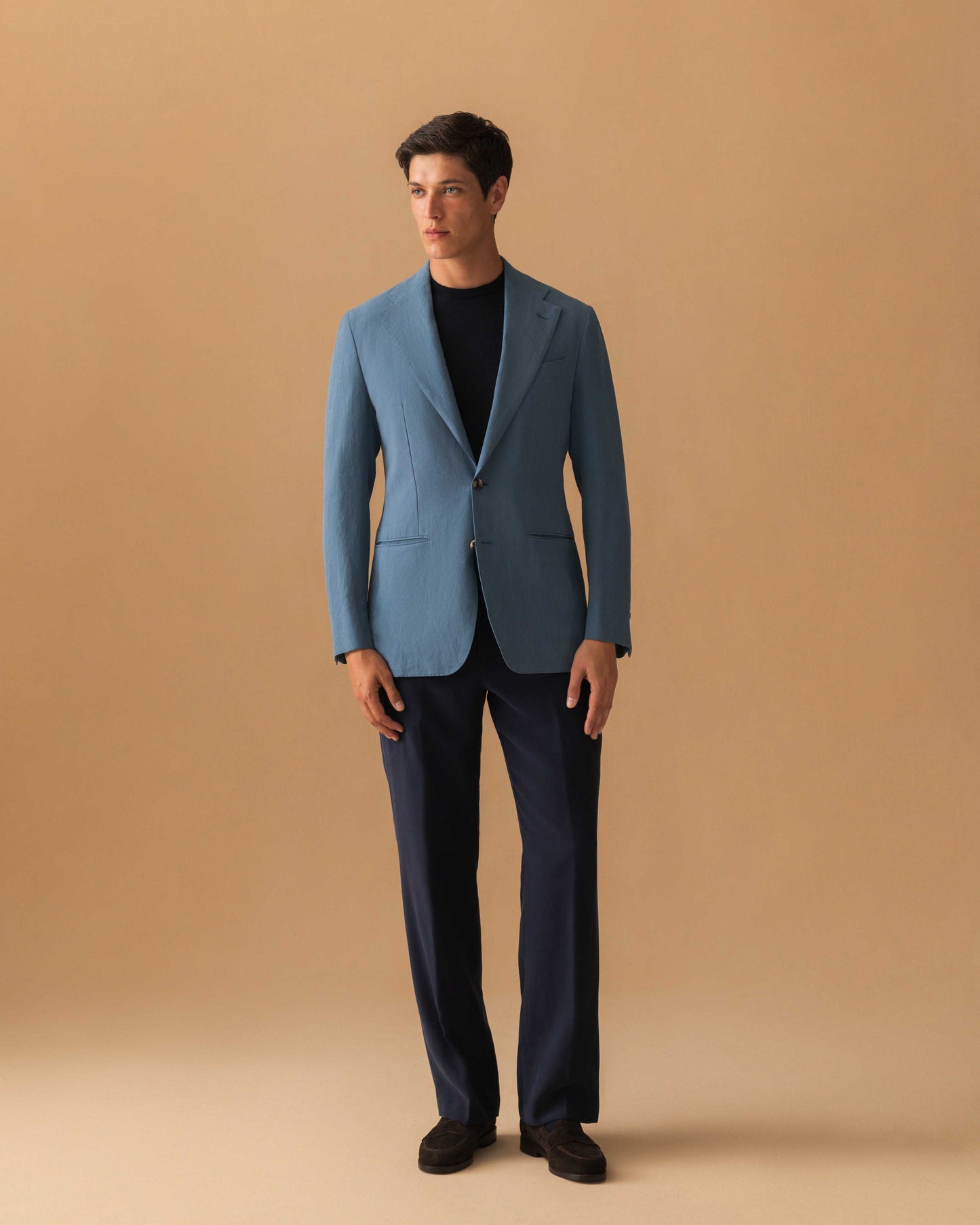 Linen Unstructured Single Breasted Jacket Mid Blue Model Image