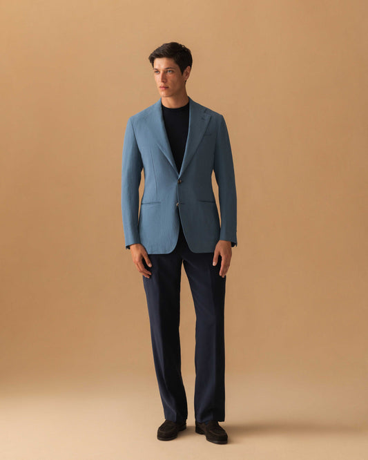Linen Unstructured Single Breasted Jacket Mid Blue Model Image