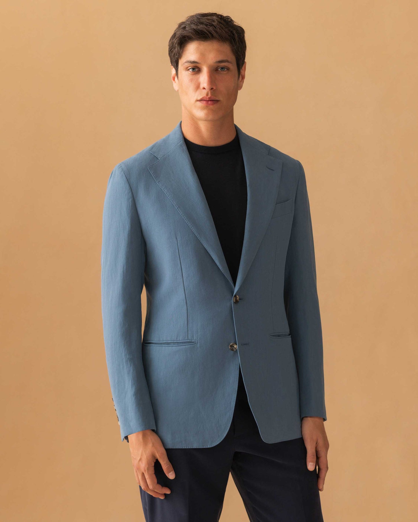 Linen Unstructured Single Breasted Jacket Mid Blue Model Cropped Image