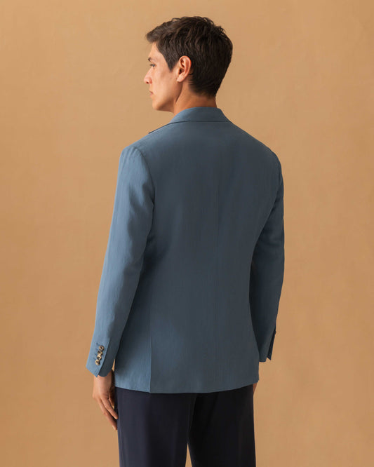 Linen Unstructured Single Breasted Jacket Mid Blue Model Back Image