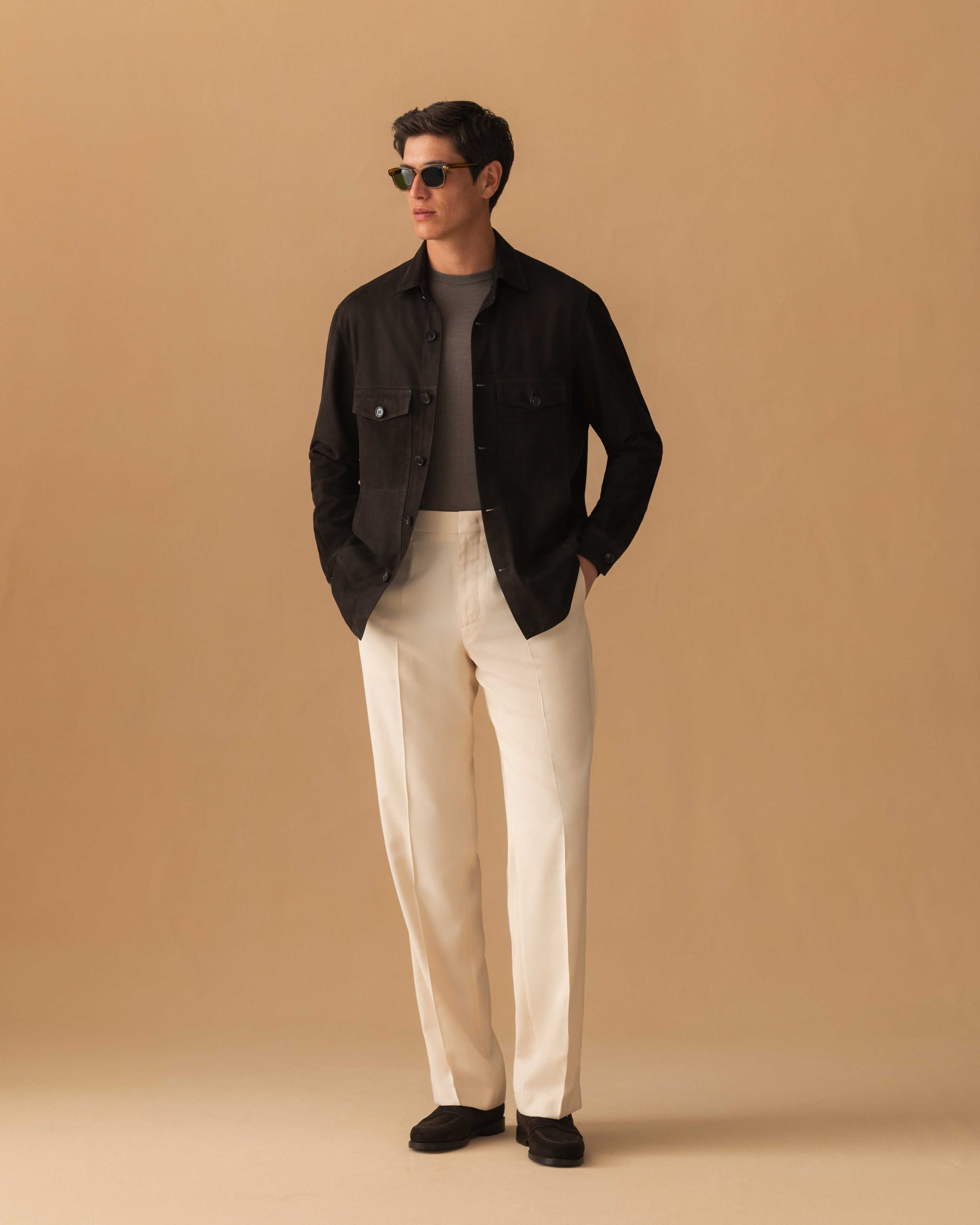 Suede Button Through Overshirt Brown Model Image